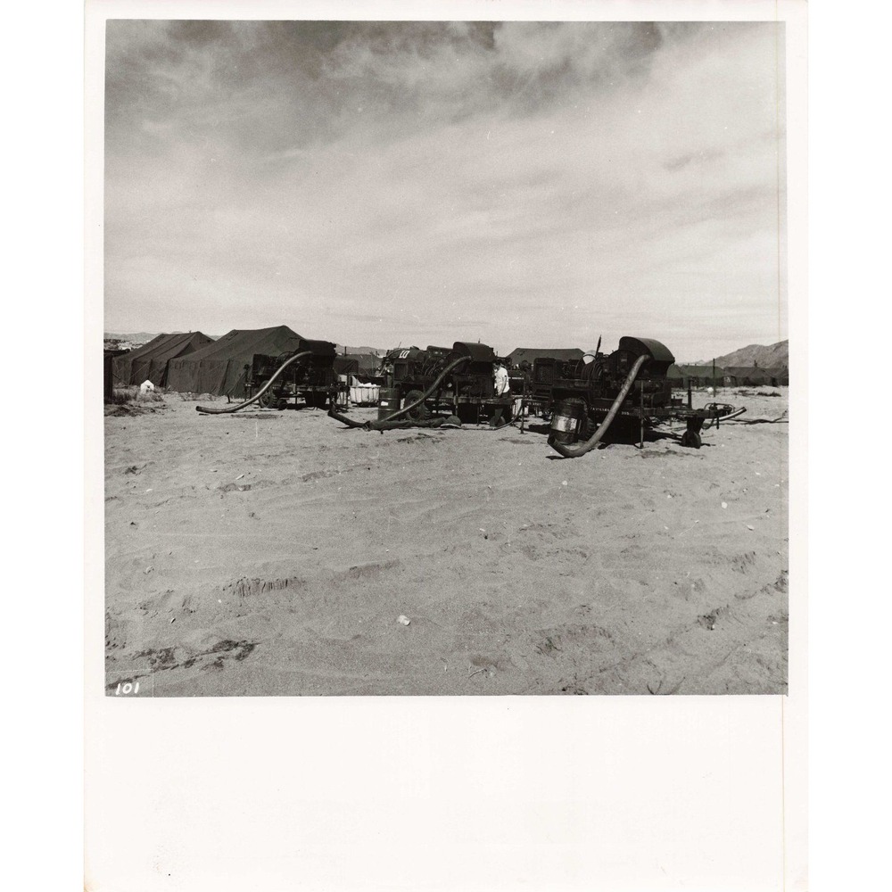 Vintage Military Desert Encampment Black and White Photograph Machinery Tents